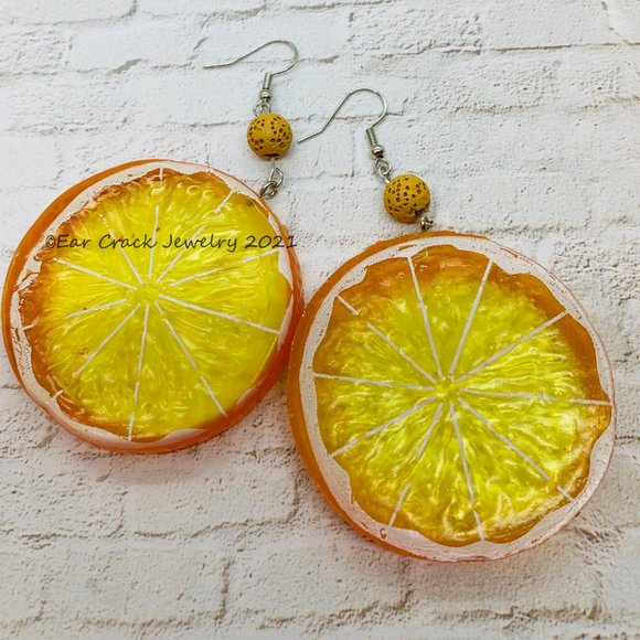 Hand Crafted- Resin Orange Dangle Earrings - Picture 7 of 7